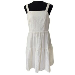 Lucky Brand White Textured Tiered Sundress Square Neck Mini Dress Size M Coastal